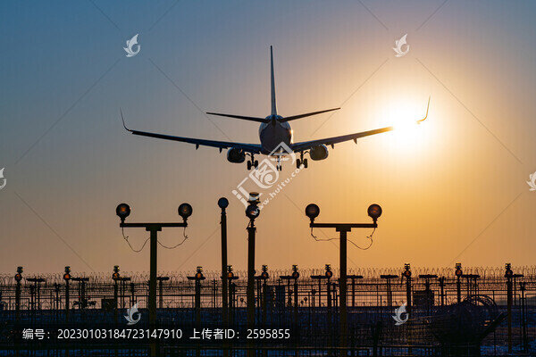 飛機在機場跑道前起飛降落