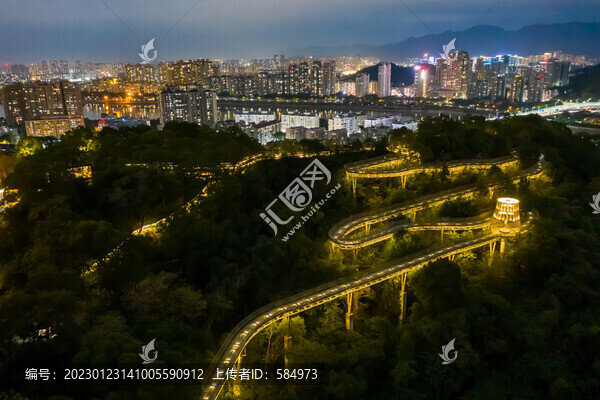 航拍福州城市森林步道夜景福道