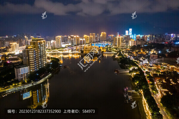 航拍福州閩江沿岸城市夜景