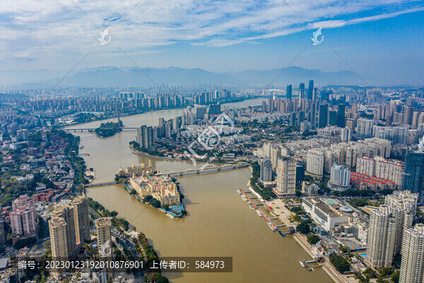航拍福州閩江中洲島及解放大橋