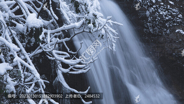 冬季雪景樹林森林和瀑布