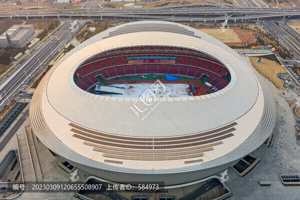 航拍鄭州奧體中心體育場夕陽