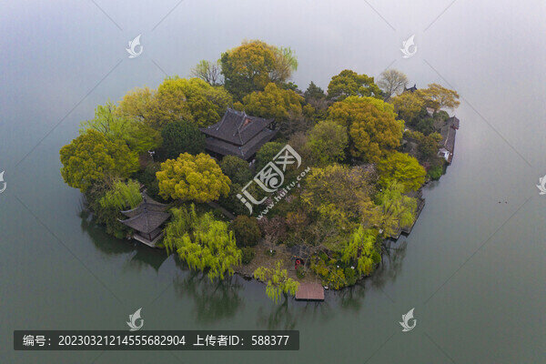 杭州西湖春天湖中三島航拍