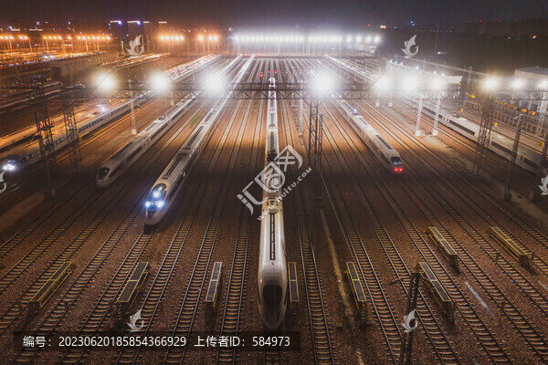 俯拍動(dòng)車運(yùn)用所高鐵列車夜景
