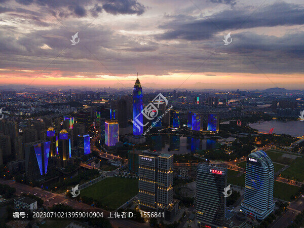 紹興迪蕩新城夜景晚霞航拍