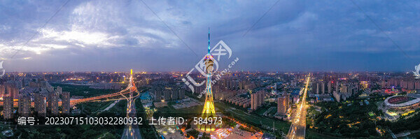 航拍鄭州中原福塔夜景地標燈光