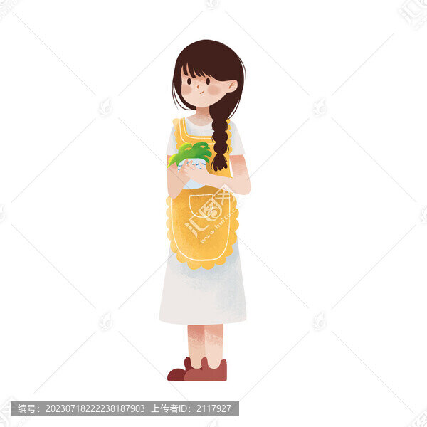 穿著圍裙拿著盆栽的小女孩