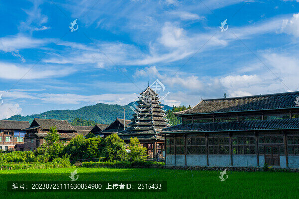 侗寨鼓樓建筑稻田美麗鄉(xiāng)村風(fēng)光