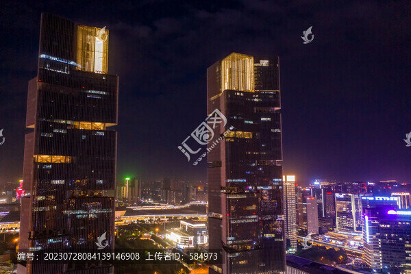 航拍鄭州綠地雙子塔天際線夜景