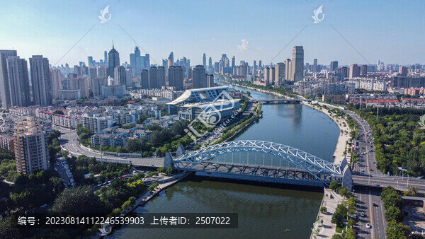 航拍天津海河國泰橋段都市風(fēng)光
