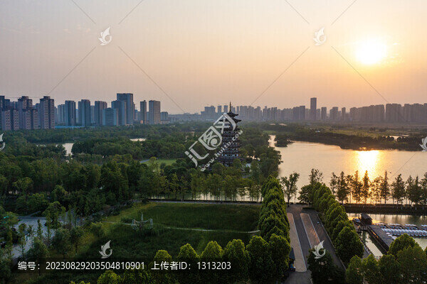 航拍湖南長沙洋湖濕地公園落日