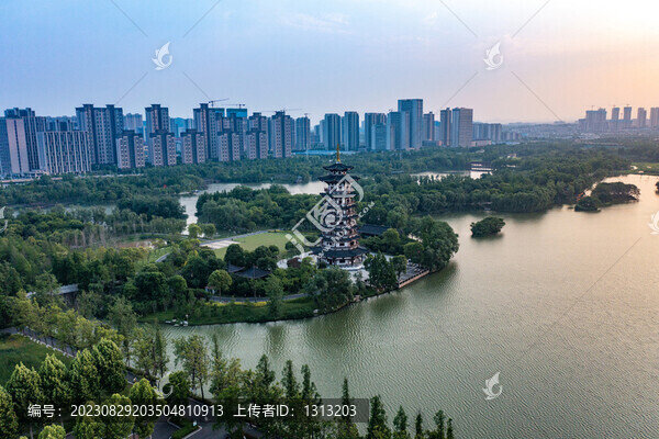 航拍湖南長沙洋湖濕地公園落日