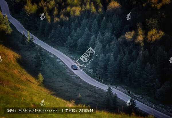山谷中的路和汽車航拍圖