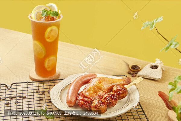 西餐套餐雞腿烤腸肉丸檸檬茶