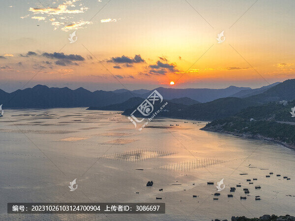 航拍福建霞浦海山夕陽晚霞