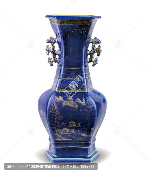 清乾隆藍(lán)釉描金山水人物六方瓶