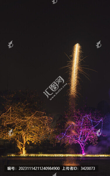 春節(jié)里升空的煙花與有燈珠的樹