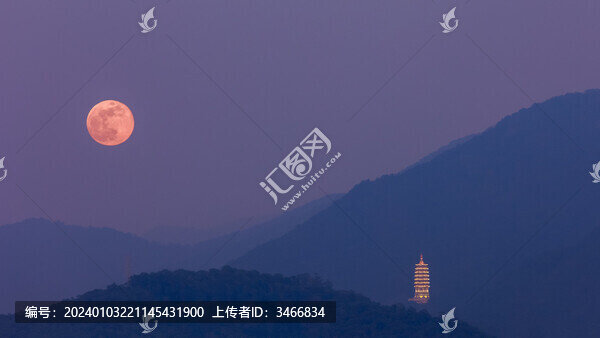 深圳東部山中佛塔與初升的圓月
