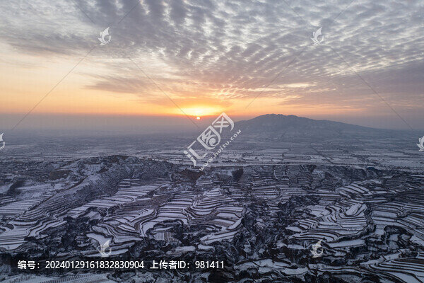 雪后運城稷王山黃土坡上梯田風光