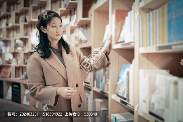 年輕女性在書店游覽書籍