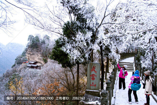 游客在武當(dāng)山南巖宮山道拍攝雪松