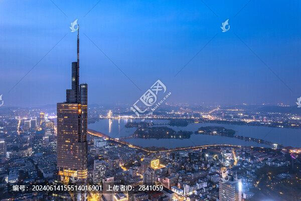 中國江蘇南京地標建筑夜景航拍