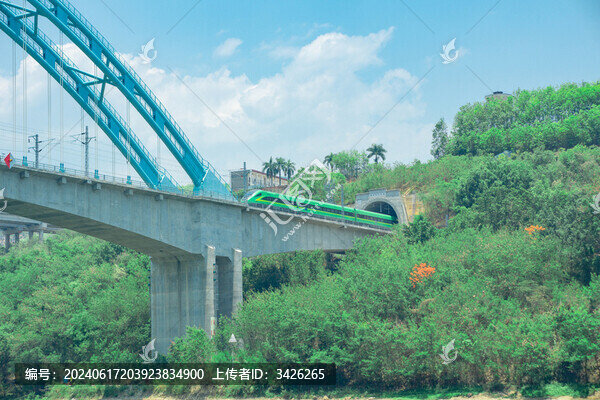 藍天白云下的鐵路橋和動車