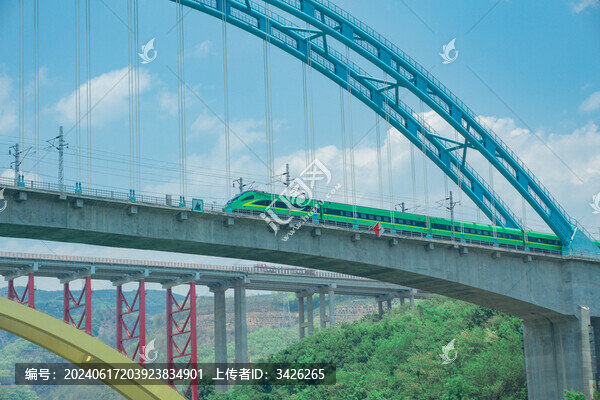 藍天白云下的鐵路橋和動車