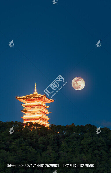 中秋滿月臺州椒江地標(biāo)建筑白云閣