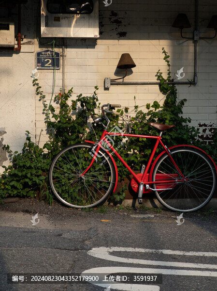 停放在街道上的紅色自行車