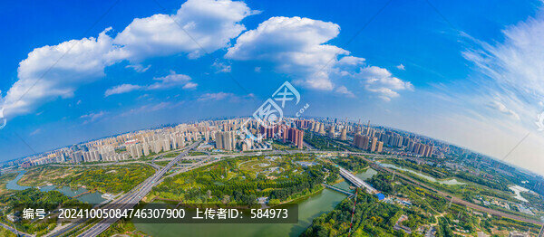 航拍鄭州雕塑公園西流湖水系景觀