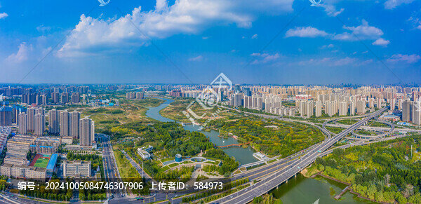 航拍鄭州雕塑公園西流湖水系景觀