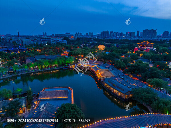 航拍河南開封清明上河園夜景光影