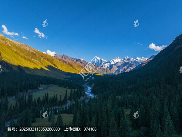 中國新疆夏塔河和夏塔峽谷和森林和天山