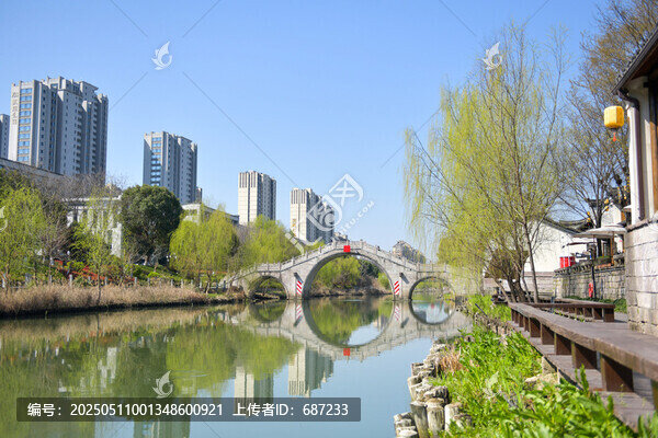 河畔石橋邊的城市春日景
