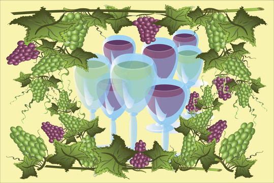 葡萄中的许多玻璃杯。