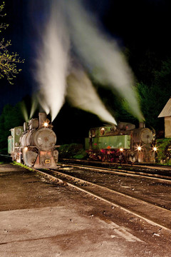 蒸汽机车在晚上；Oskova；Bosnia和Hercegovina