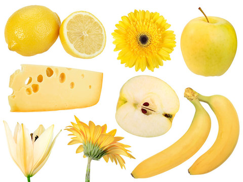 一套黄色水果；食物和鲜花