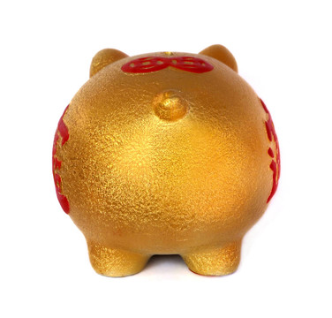 白色背景的金色小猪存钱罐。