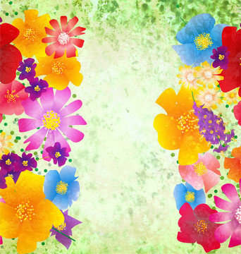 五颜六色的花朵在绿色的背景边框春天大自然垃圾背景