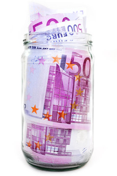 货币罐中的欧元纸币