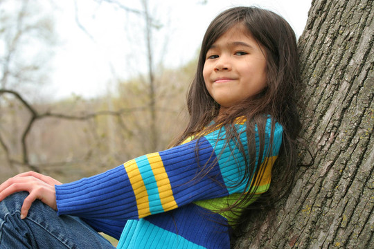 可爱的小女孩坐在树上