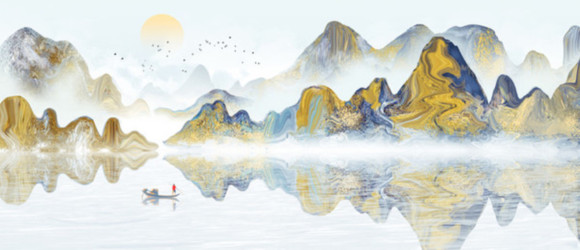手绘中国风意境金色抽象山水风景