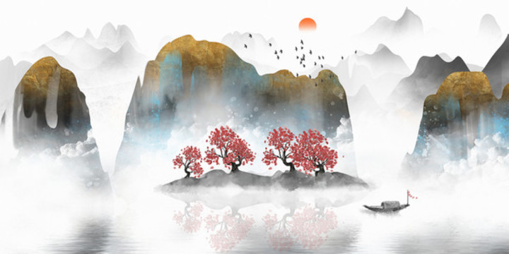 手绘中国风意境金色抽象山水风景