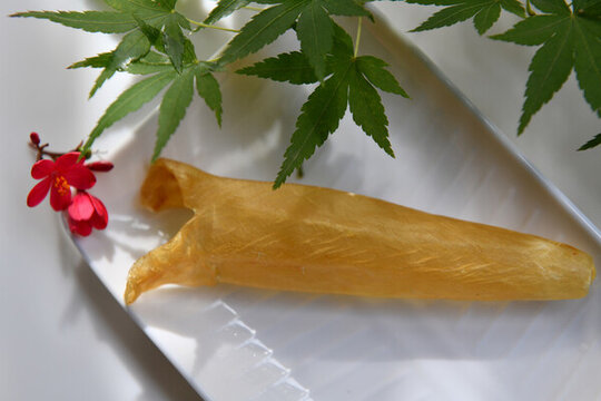 盘中干花胶鱼胶海产干货与绿植点缀