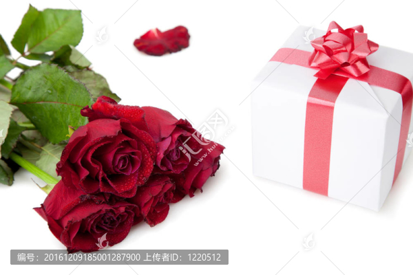 白色背景上的一束玫瑰花和一份浪漫的礼物。