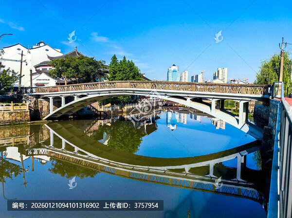 水乡拱桥下的城市风光